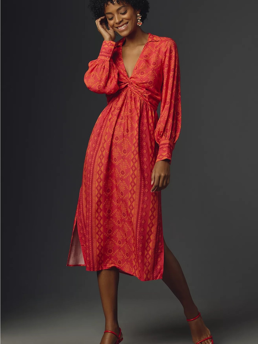 Farm Red Twist-Front Midi Dress